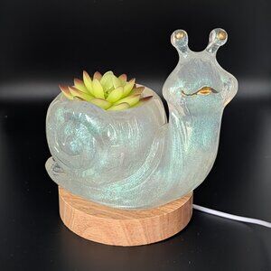 White Snail Nightlight Handmade Resin Figure on Lighted Wooden Base Approx 6x5